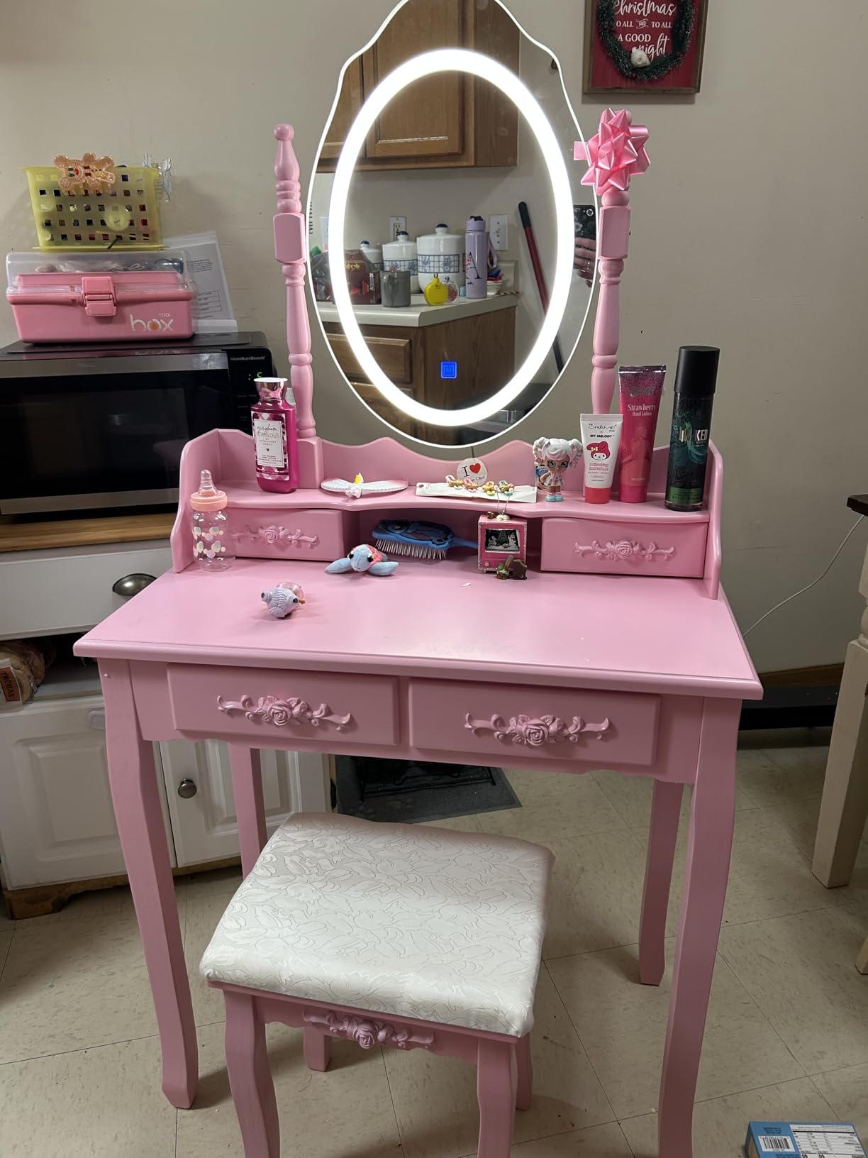 Vanity Desk with Mirror and Lights, Makeup Table with Cushioned Stool Set customer photo 1