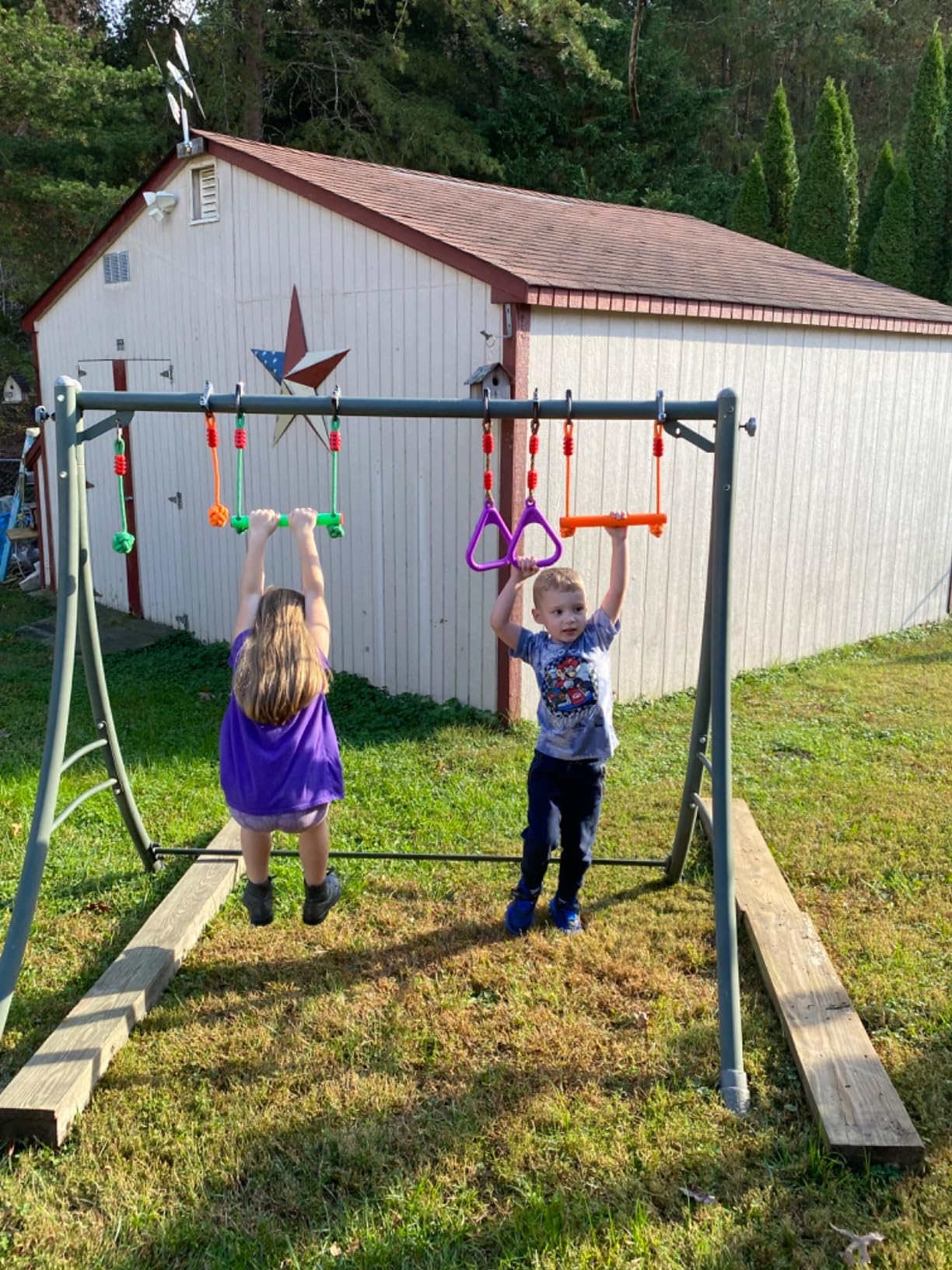 AOBOTE Ninja Warrior Obstacle Course for Kids,2x56ft Slackline with 12 Accessories,Saucer Swing with 360 Degree Rotating Wheel,Ninja Course for Kids Outside(AB010001-3) customer photo 2