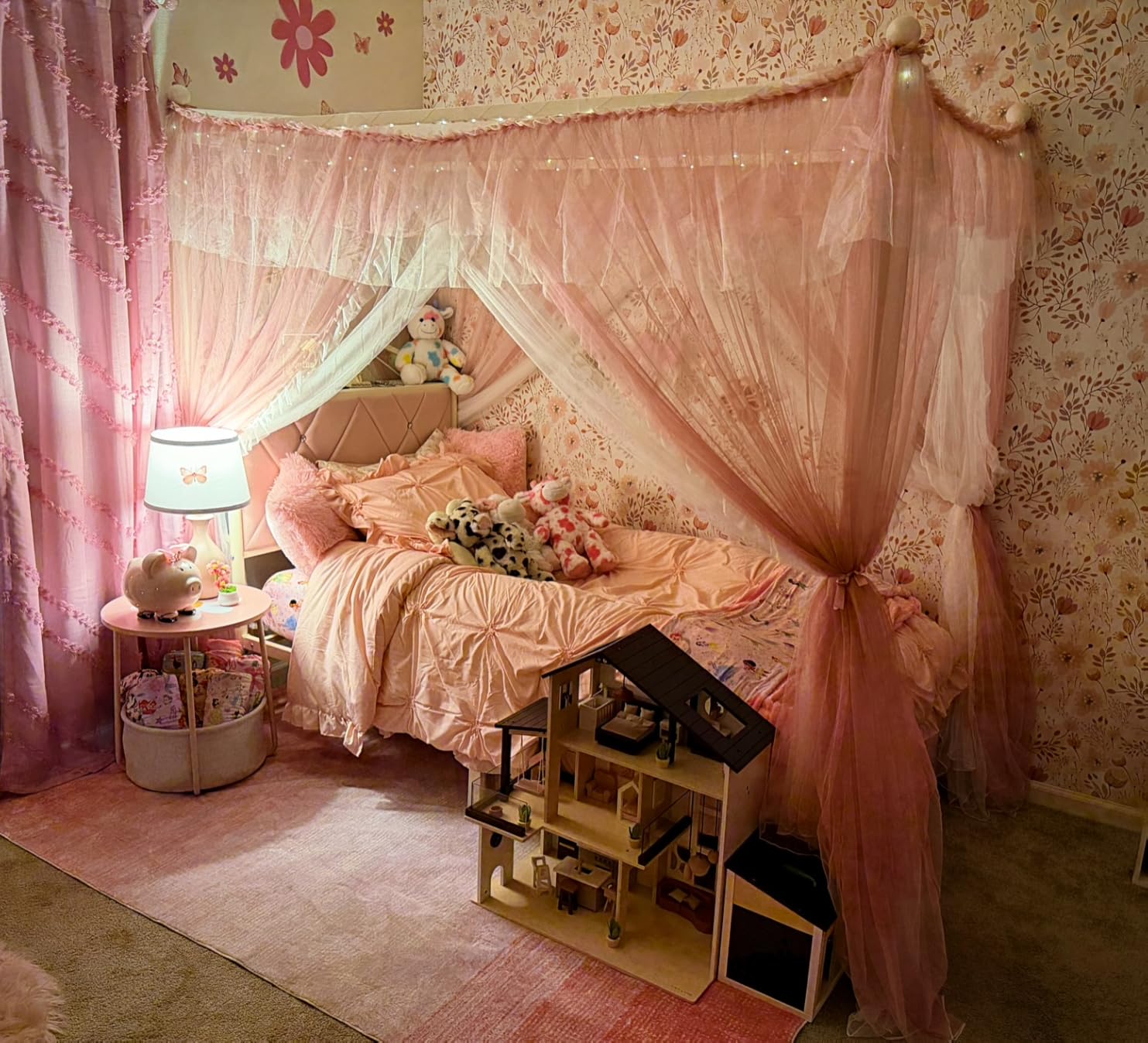 Queen Upholstered Canopy Bed Frame with 2 Drawers & Crystal Tufted Storage Headboard Two-Purpose Metal Platform Bed with 4 Removable Posts & Charging Station Pink Princess Bed, Curtain Not Included customer photo 2