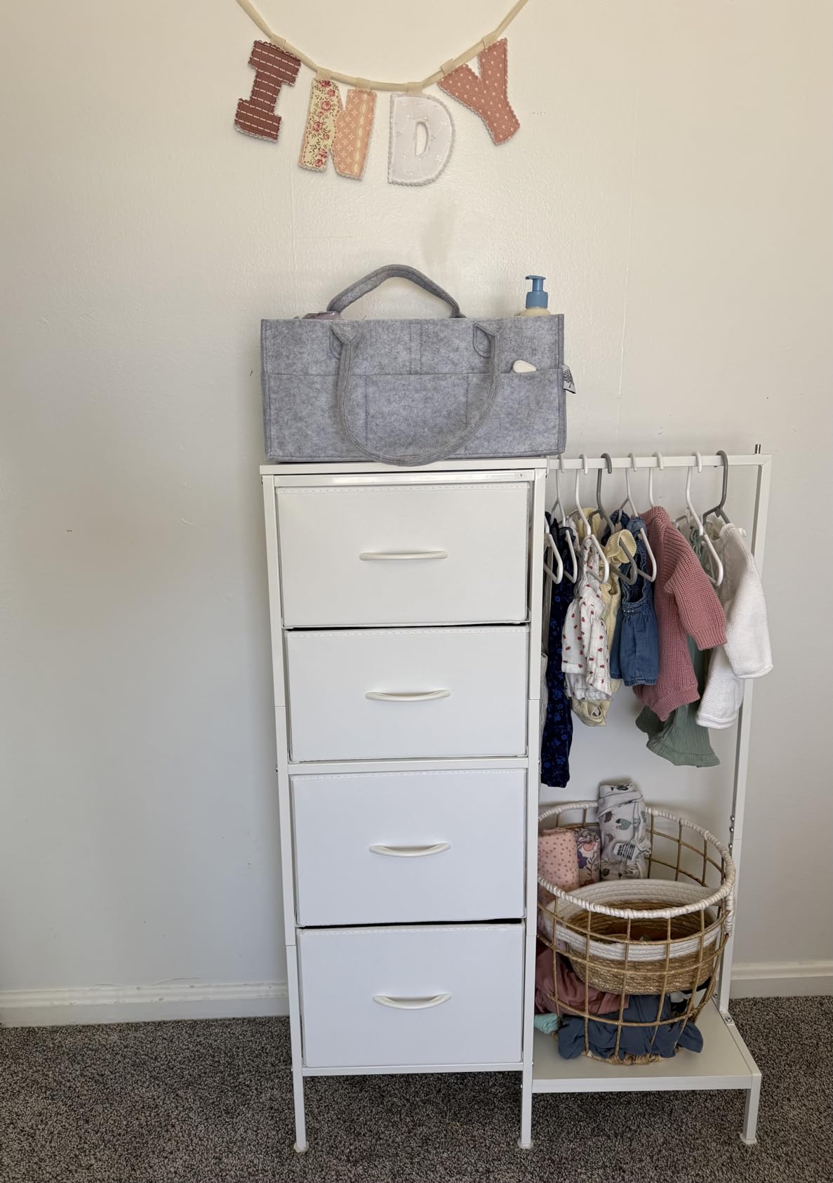 HIGDBFE Tall Dresser 44''H with Hanging Rack, 4 Drawers Small Closet Dresser for Bedroom, Reversible Fabric Chest of Drawers with Clothes Rack, Tall Storage Tower, Sturdy Frame, Black customer photo 1