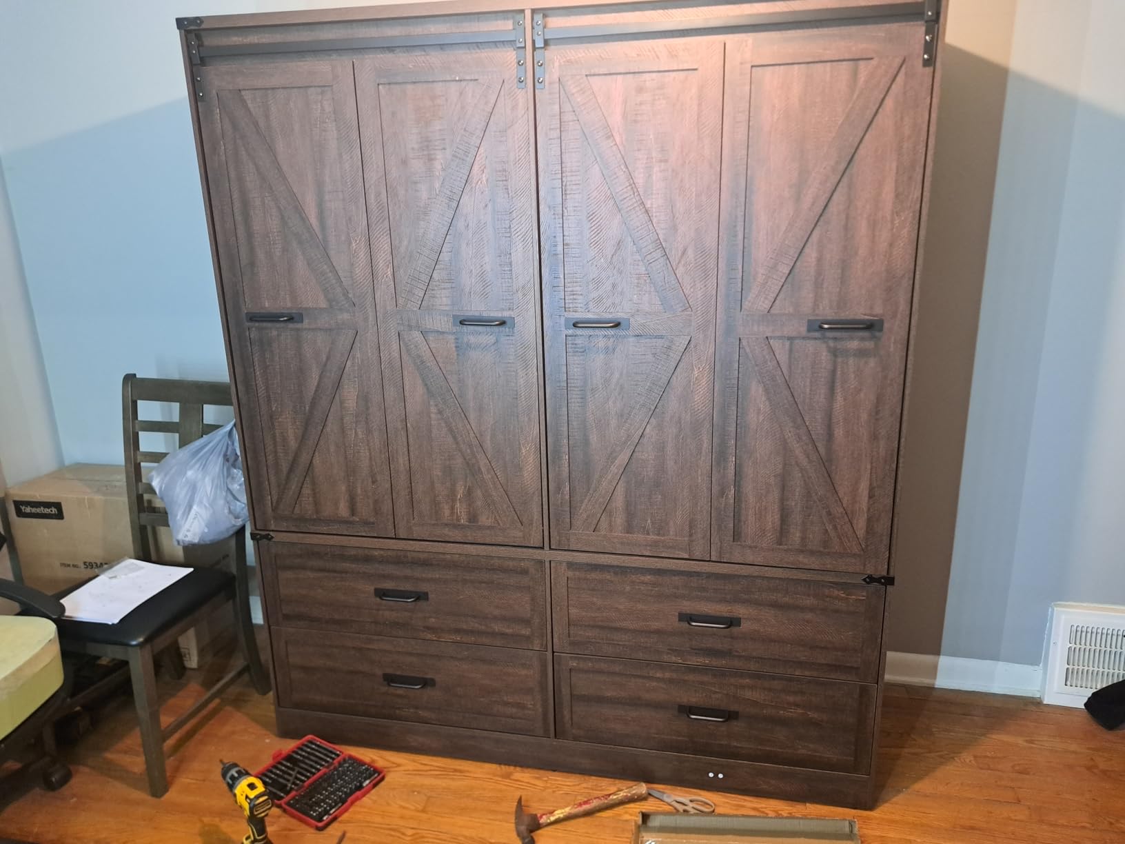 Farmhouse 4 Doors Armoire Wardrobe Closet w/Folding Sliding Barn Door and Lights, LED Armoire Closet w/Drawers for Bedroom, Freestanding Wooden Wardrobe Storage Closets w/Hanging Rod,Antique White customer photo 1