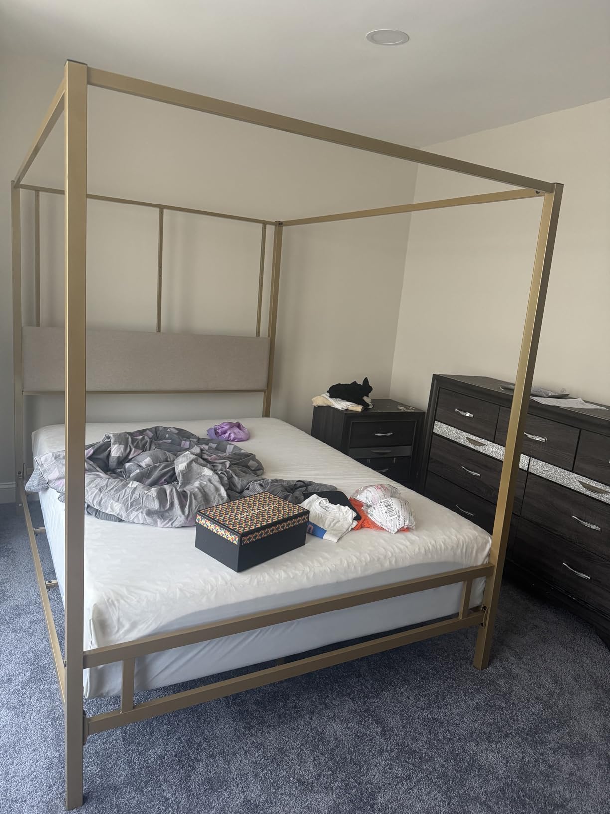 LUMISOL Queen Size Metal Canopy Bed Frame with Headboard, Gold 4-Poster Canopy Bed with Tall Linen Upholstered, Box Spring Needed, Easy Assembly, Gold + Tan customer photo 2