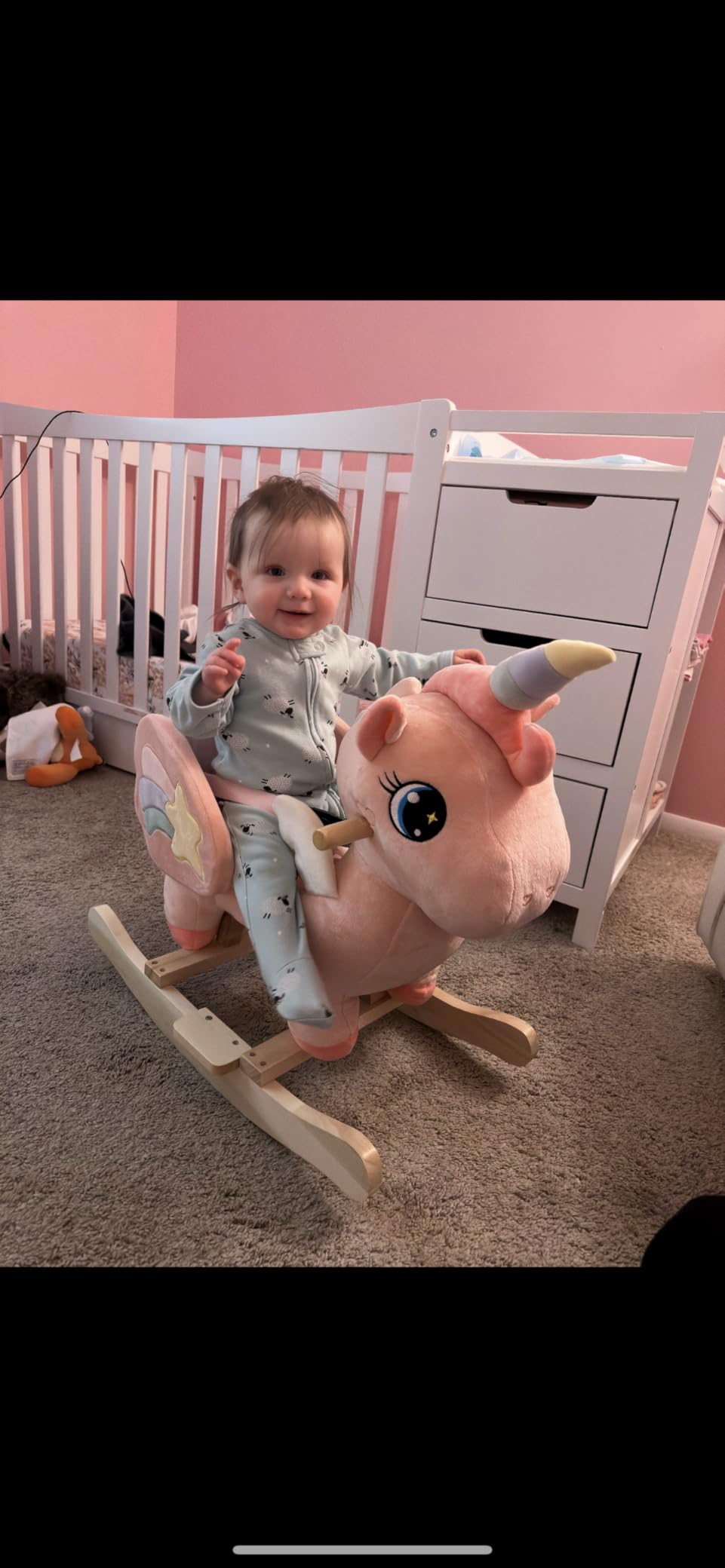 FUNLIO Unicorn Spring Rocking Horse for Kids 3-6, Rainbow Fairy Ride on Horse with Covered Spring & Sturdy Frame, Neighing & Galloping Sound for Pretend Play, Nursery Horse Toys, CPC & CE Certified customer photo 2