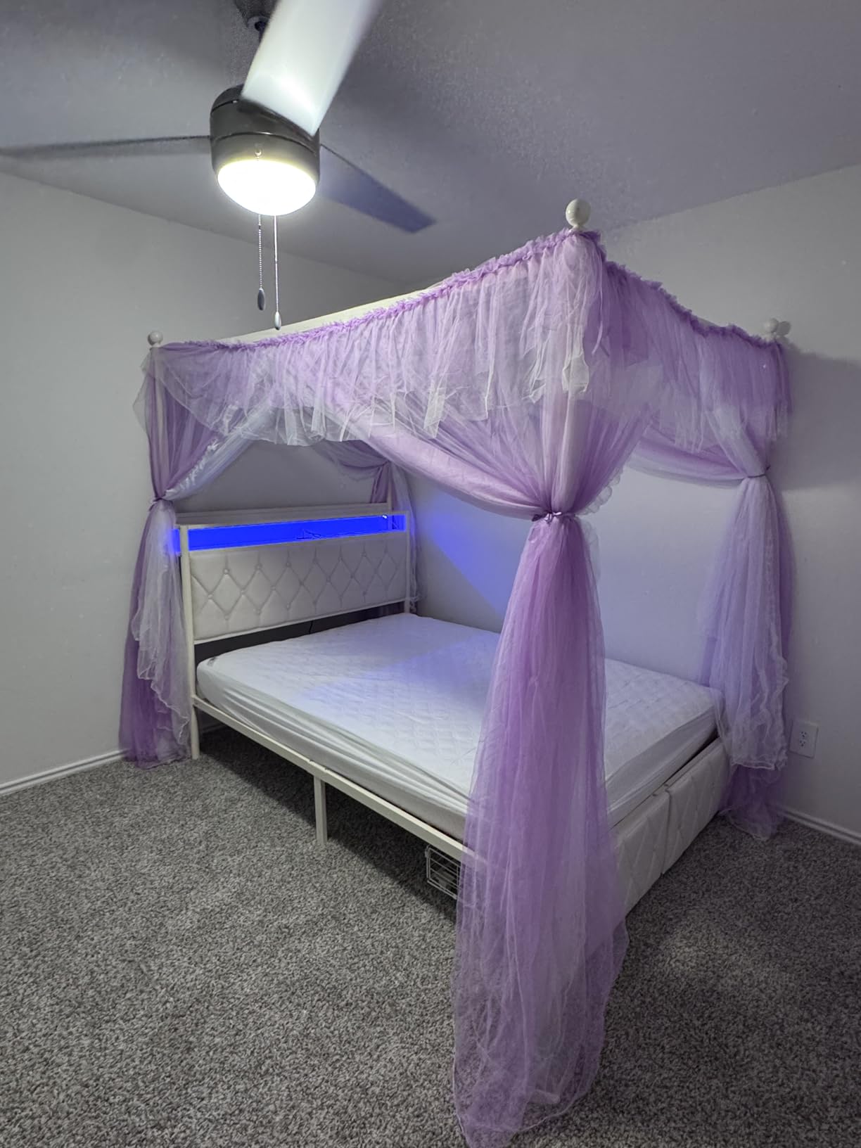 HIFIT Queen Size LED Canopy Bed Frame with Storage & Charging Station,Beige customer photo 1